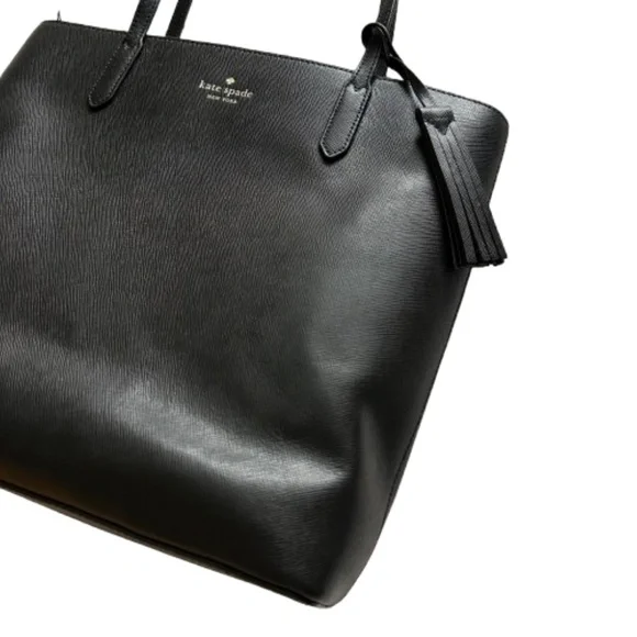 $298 Kate Spade Women's Medium Black & Gold Logo Leather Tote Bag & Bow Key Fob - Picture 10 of 16